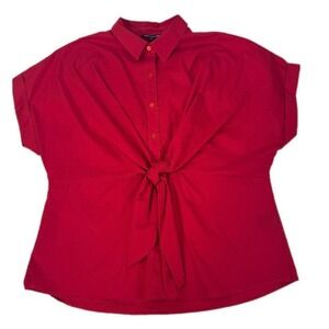 Unique Spectrum Tie Front Blouse Women L Red Short Sleeve Button Down Shirt